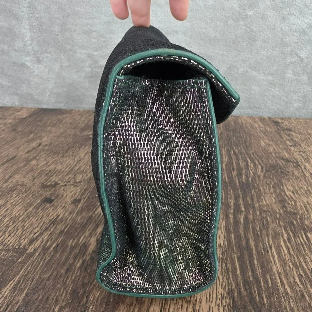 Tory Burch Austin Flap Clutch Bag Green Purple Iridescent Metallic Galaxy Cyber